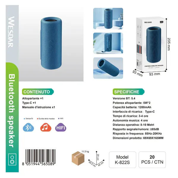 K822S BLUETOOTH SPEAKER BLU